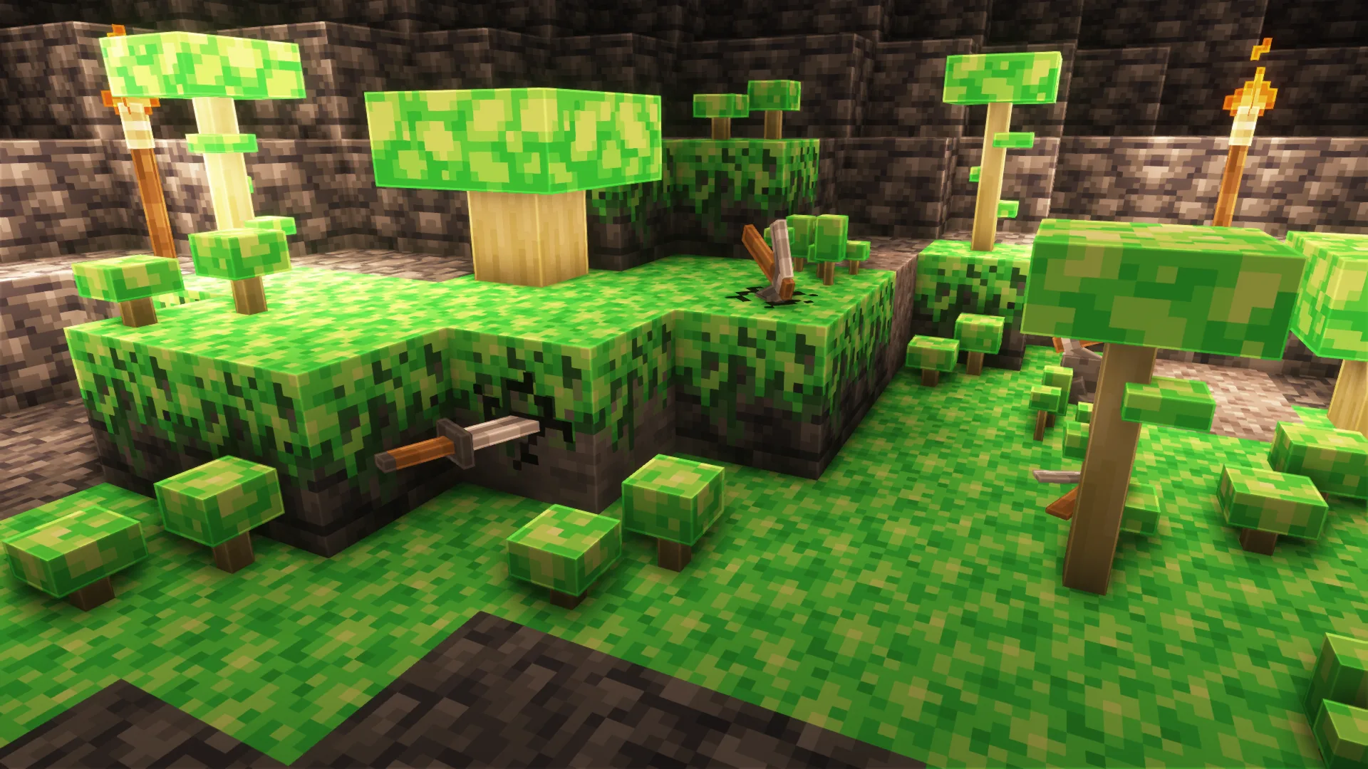 Bloques y hongos de Dig and Decorate